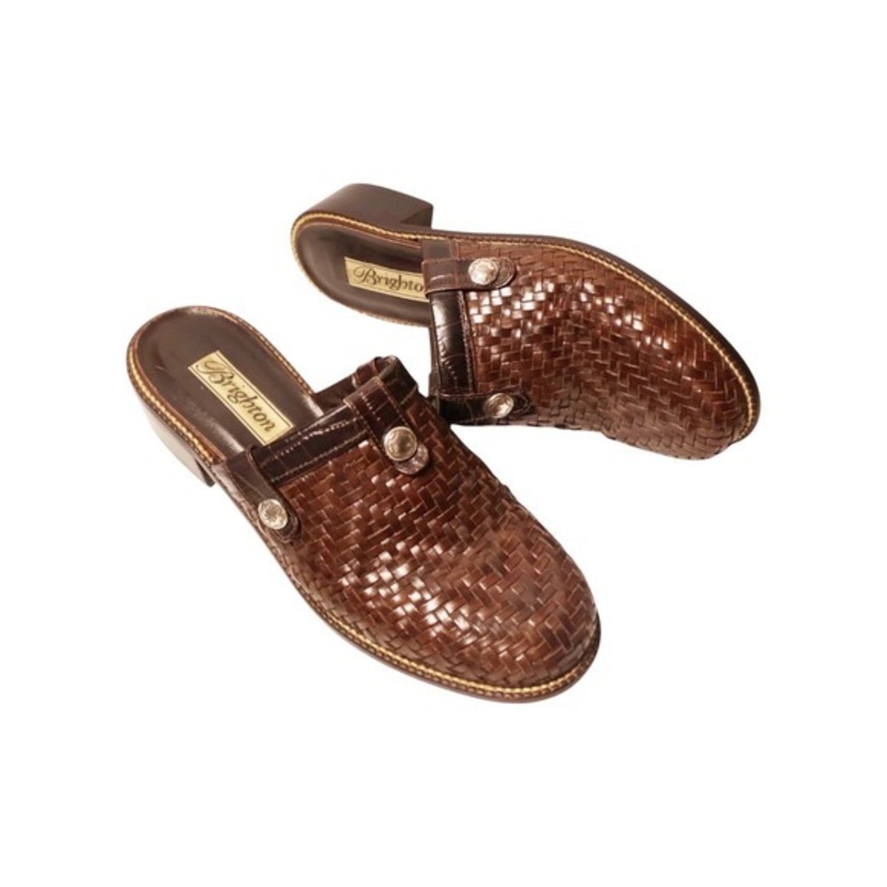 BRIGHTON Leather Woven Mules Clogs Brown Western Silver Hardware Size 9N